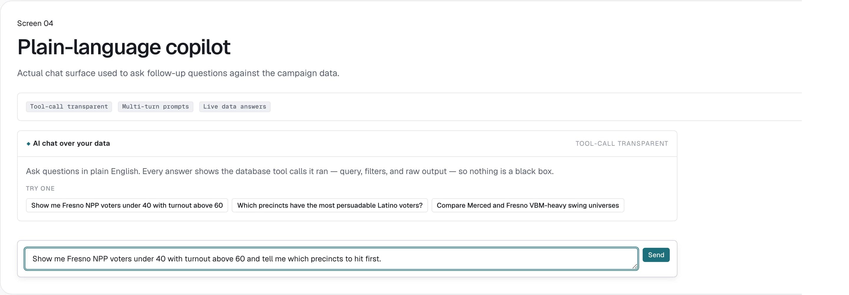 VoterFile copilot chat screen with a natural-language voter targeting prompt.