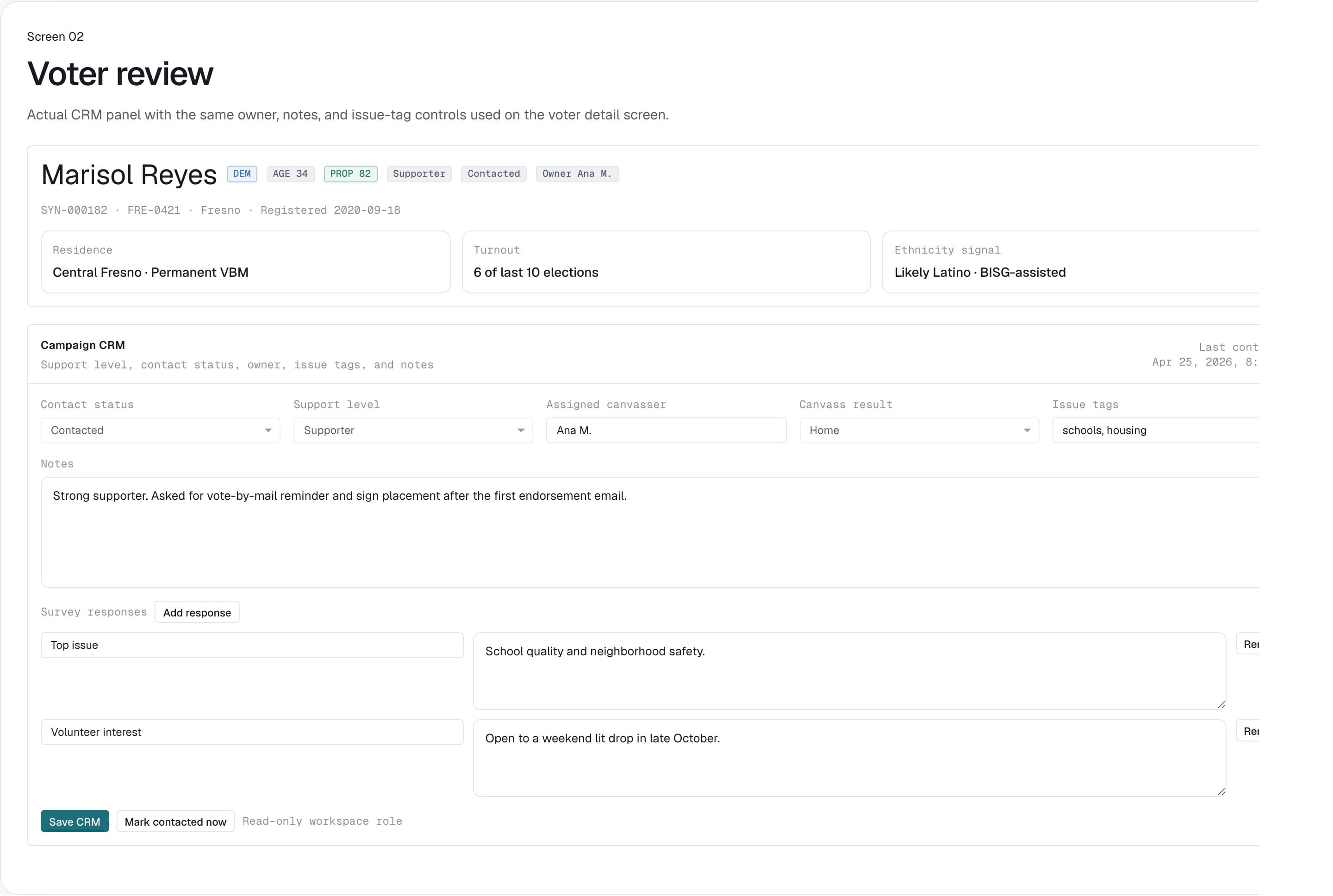 VoterFile voter review screen with CRM panel and issue notes.